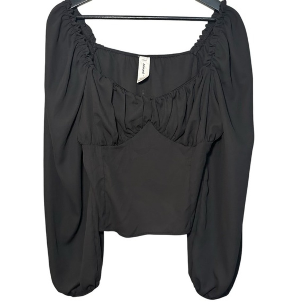 Abound Peasant Top Sz L Black Blouse Square Neck Ruched‎ Puff Sleeve Cottagecore - Picture 4 of 13